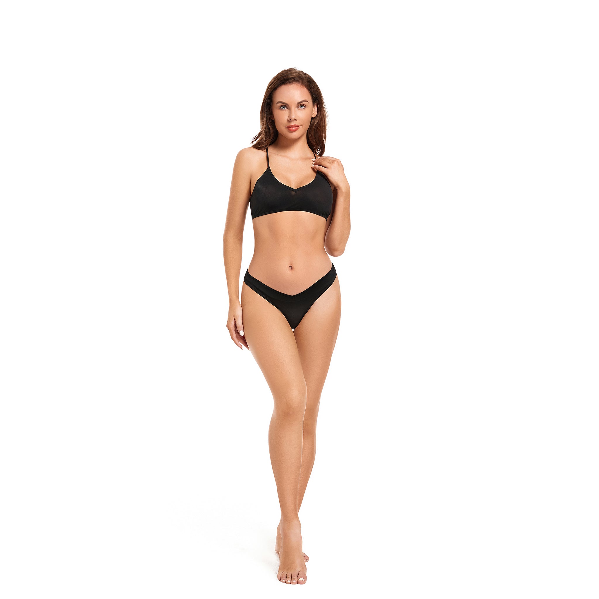 Minimise Tan Lines Bikini Set - Sun Permeable Two Piece Swimsuit - Criss Cross Back Spaghetti Strap Tan Through Bathing Suit, Onyx Black