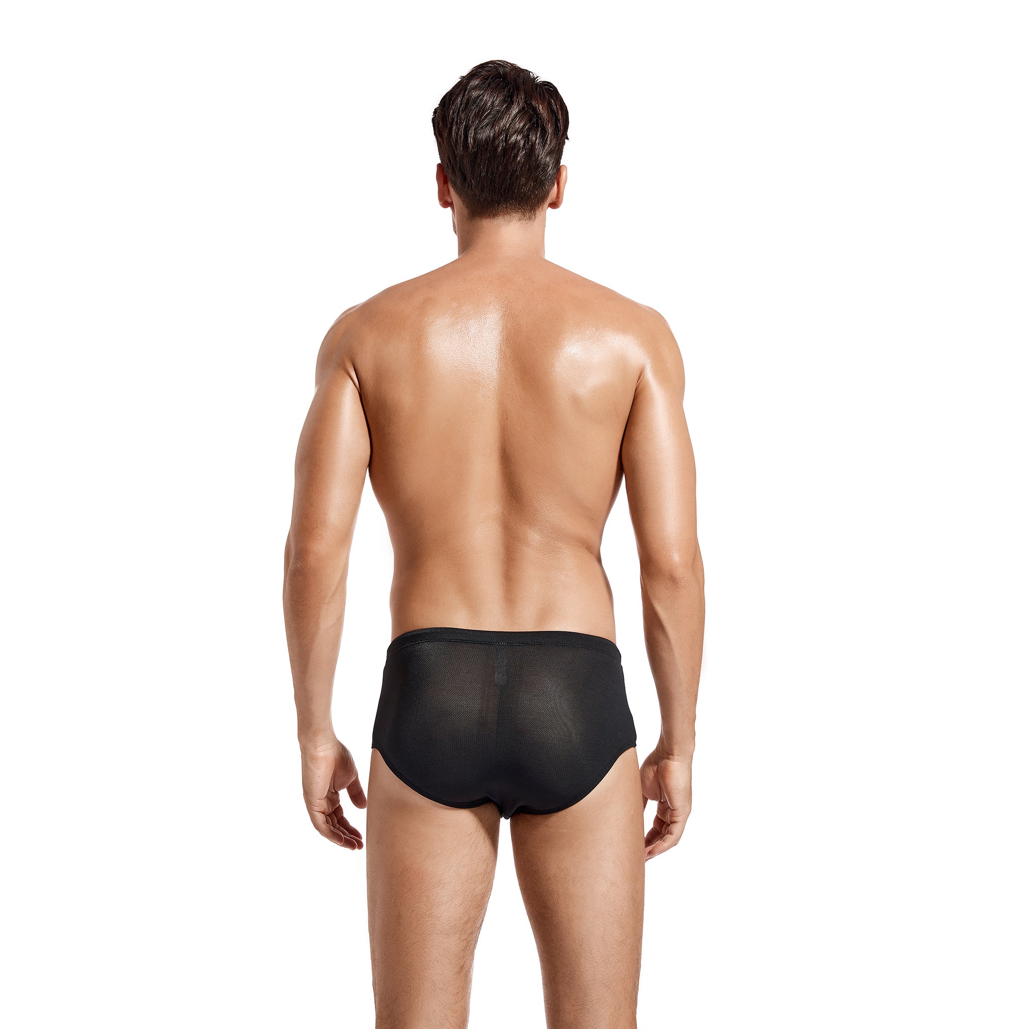 Men's Tan Through Swim Briefs - Sun-Permeable Mesh Swimwear - Breathable Quick-Dry Bikini Trunks with Adjustable Drawstring, Midnight Black