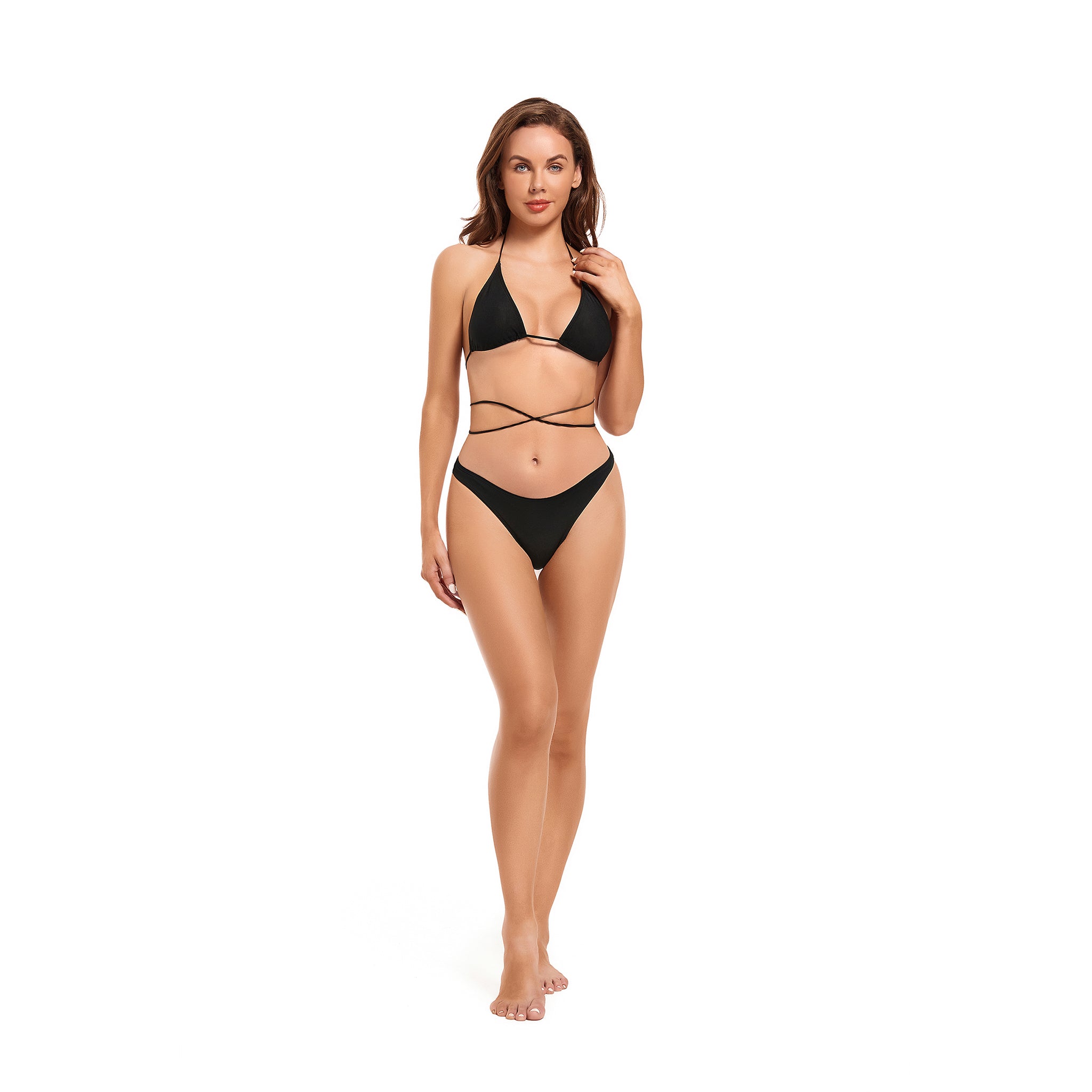 Tan Through Bikini Set Minimise Tan Lines - Sun Permeable Two Piece Swimsuit - Wrap Around Halter Neck Fixed Bottom Bathing Suit, Onyx Black