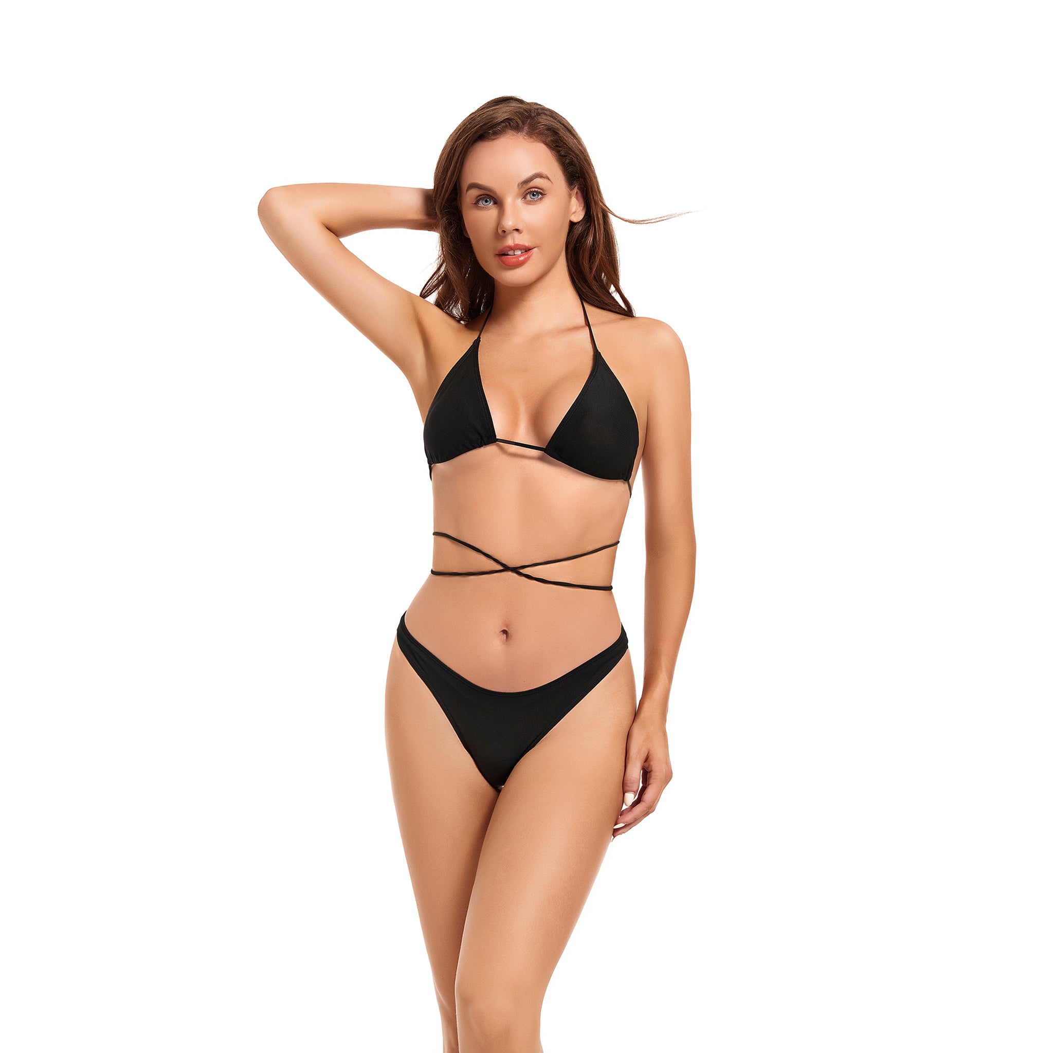 Tan Through Bikini Set Minimise Tan Lines - Sun Permeable Two Piece Swimsuit - Wrap Around Halter Neck Fixed Bottom Bathing Suit, Onyx Black