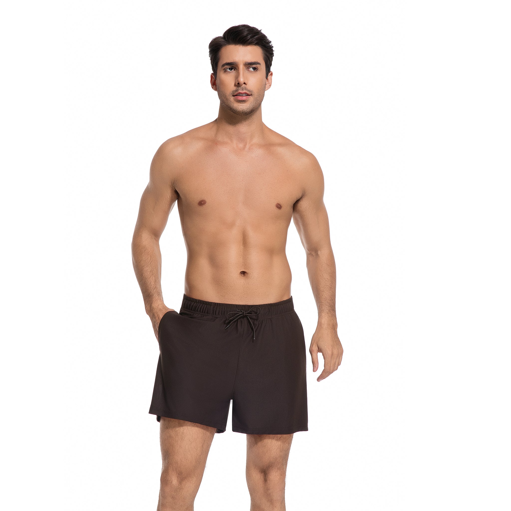 Men's Tan Through Swim Trunks in Dark Brown - Minimise Tan Lines Male Beach Shorts - UV Permeable Quick Dry Man's Swimwear with Pockets