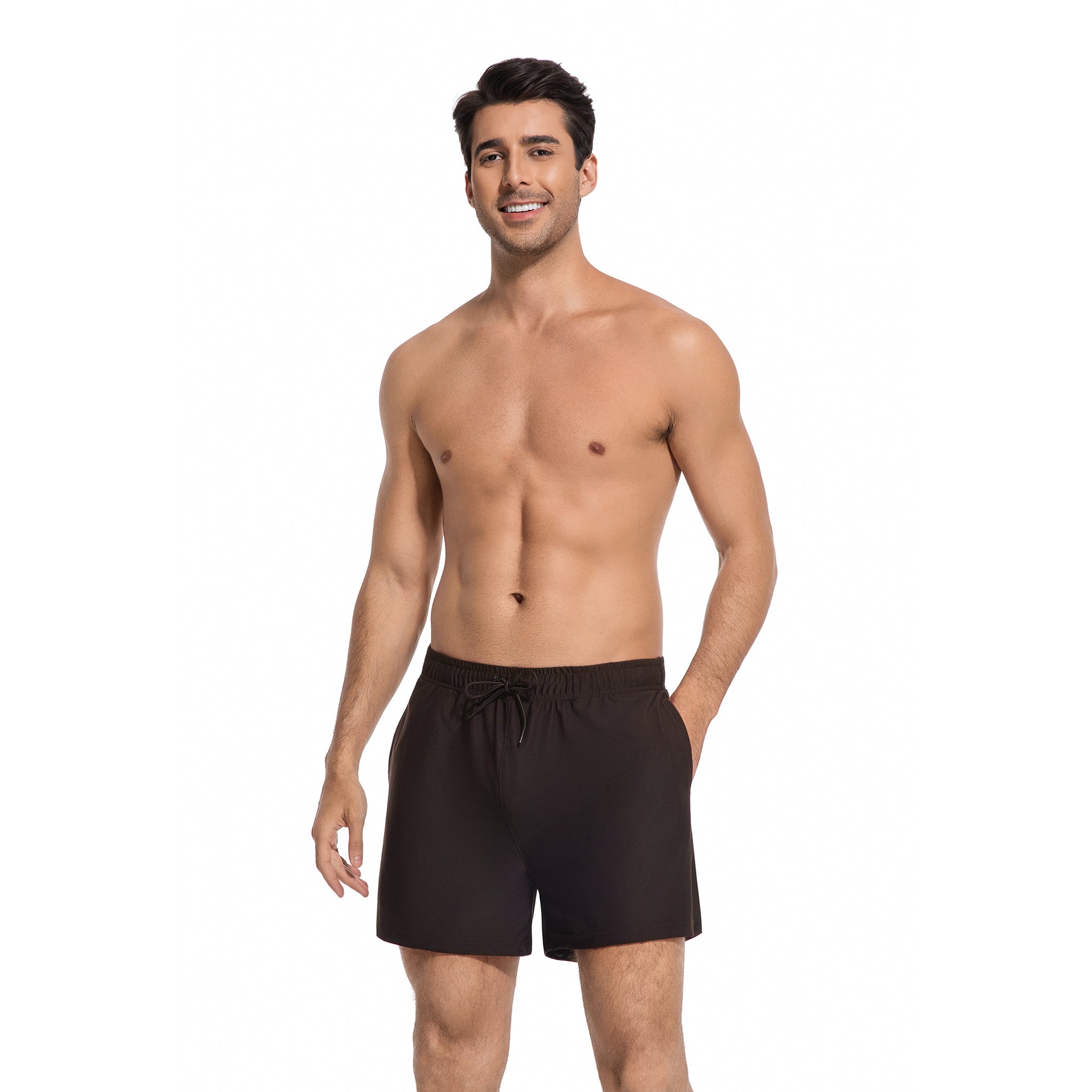 Men's Tan Through Swim Trunks in Dark Brown - Minimise Tan Lines Male Beach Shorts - UV Permeable Quick Dry Man's Swimwear with Pockets