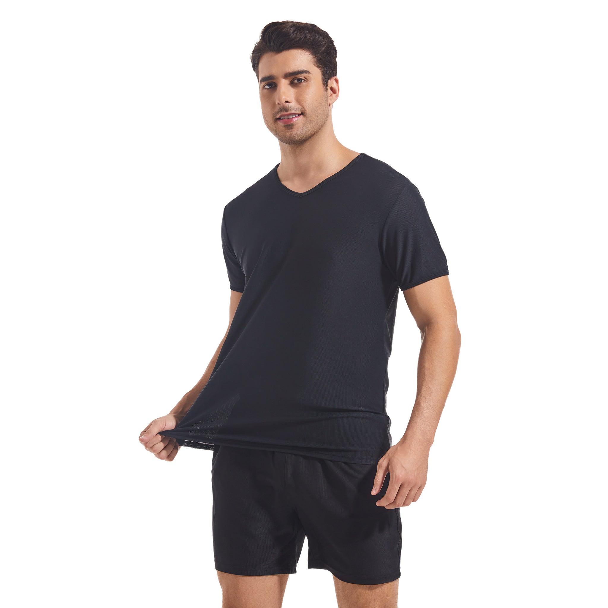 Men's Tan Through Black Round Neck T-shirt & Shorts - Sun-Permeable Minimise Tan Lines Mesh Gym & Beach Wear Set Male Poolside Sportswear Pocketed