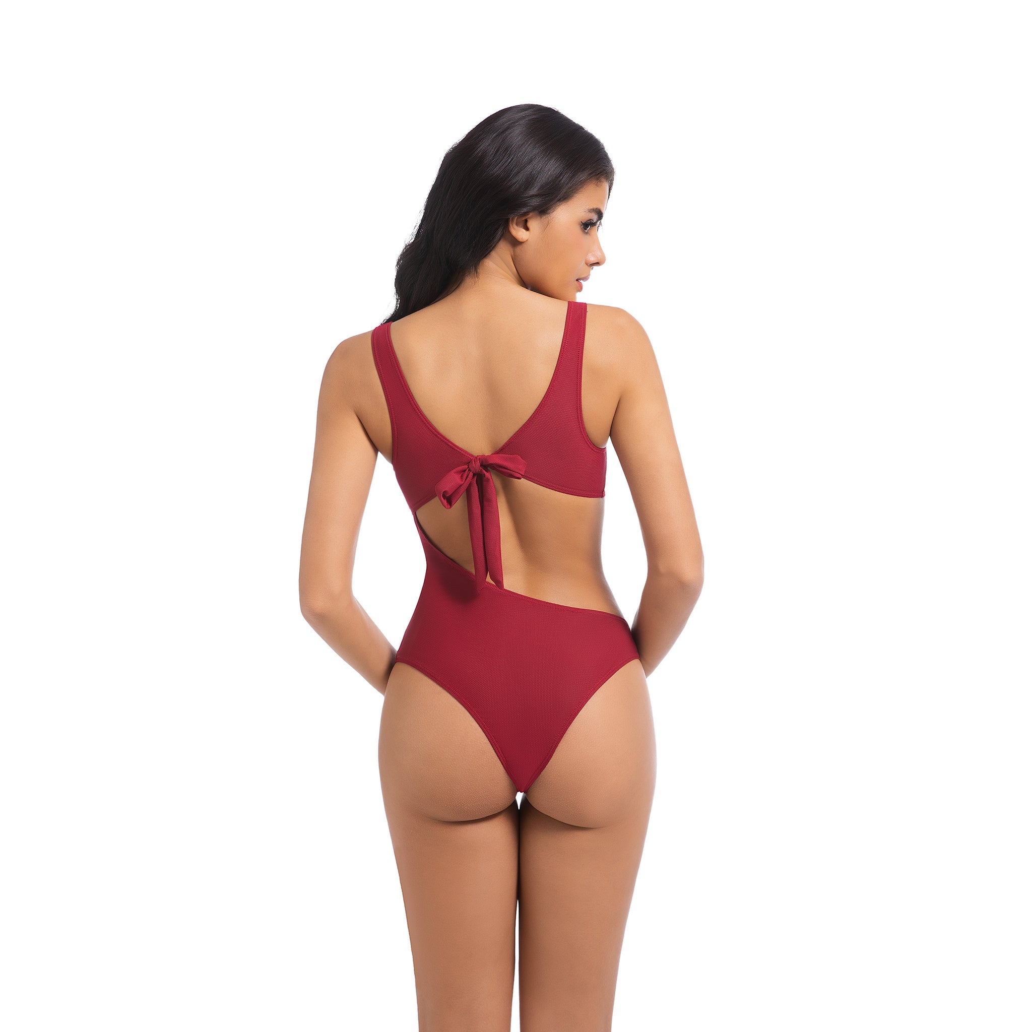 Women's Cherry Red Tan Through One Piece Swimsuit - Asymmetrical Side Cutout Bathing Suit - Minimise Tan Lines UV Permeable Woman Ribbed Tie-Back High Cut Swimwear