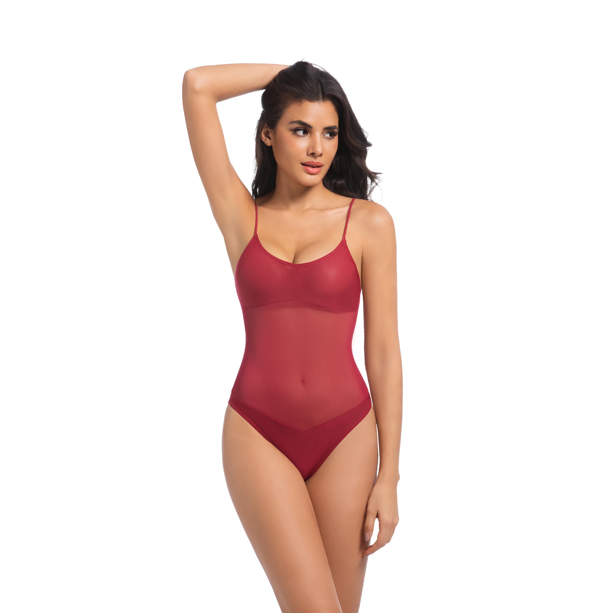 Women's Cherry Red Tan Through One Piece Swimsuit - Sheer Mesh Midriff Bathing Suit - Minimise Tan Lines UV Permeable Woman Ribbed Scoop Neck High Cut Swimwear