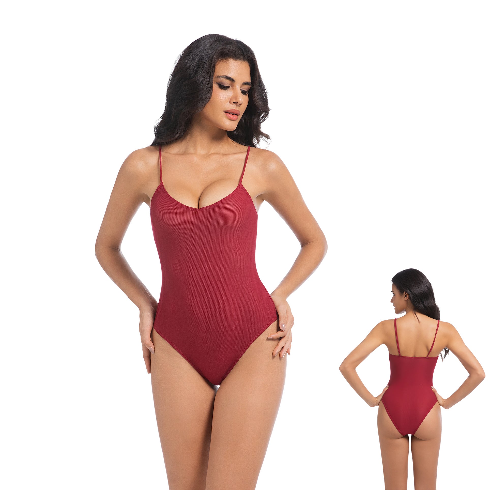 Women's Cherry Red Tan Through One Piece Swimsuit - V-Neck Ribbed Bathing Suit - Minimise Tan Lines UV Permeable Woman High Cut Sleek Swimwear