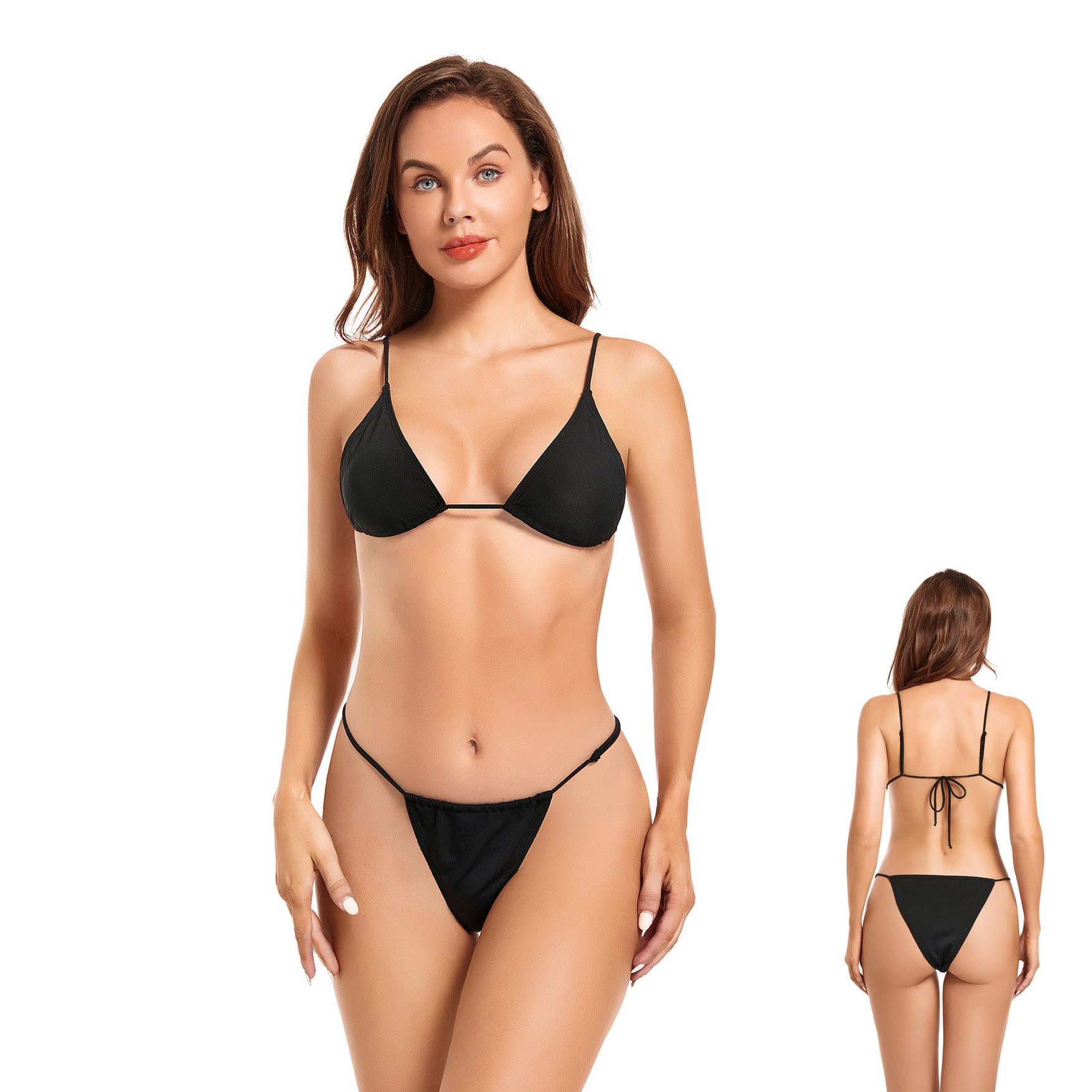 Tan Through Bikini Set - Minimise Tan Lines UV-Permeable Swimsuit - Two Piece Adjustable Waistband Spaghetti Strap Bathing Suit, Onyx Black