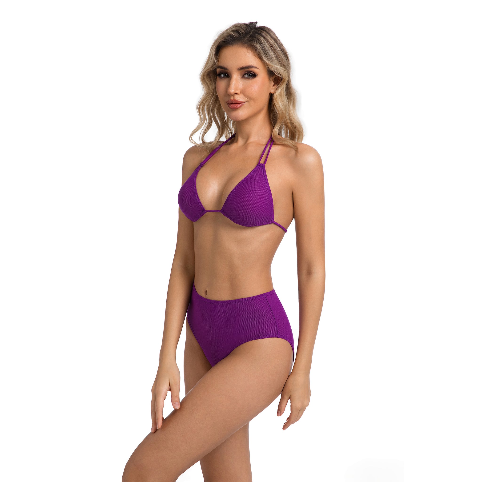 Two-Piece Female Swimsuit High-Waisted Bikini Set for Women Violet - Tan Through Minimise Tan Lines Double Strap Halter Top - Textured Ribbed High-Cut Bottom Woman's Purple Bathing Suit